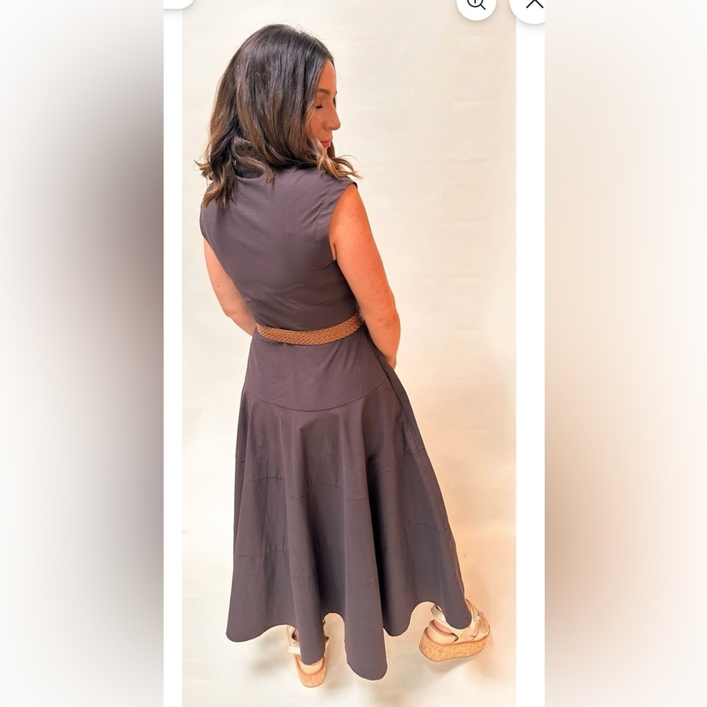 NWOT- Taylor cocoa poplin sleeveless belted midi dress - Picture 6 of 11